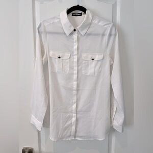 Karl Lagerfeld Paris Sheer White Double Pocket Collared Hidden Button Down Shirt